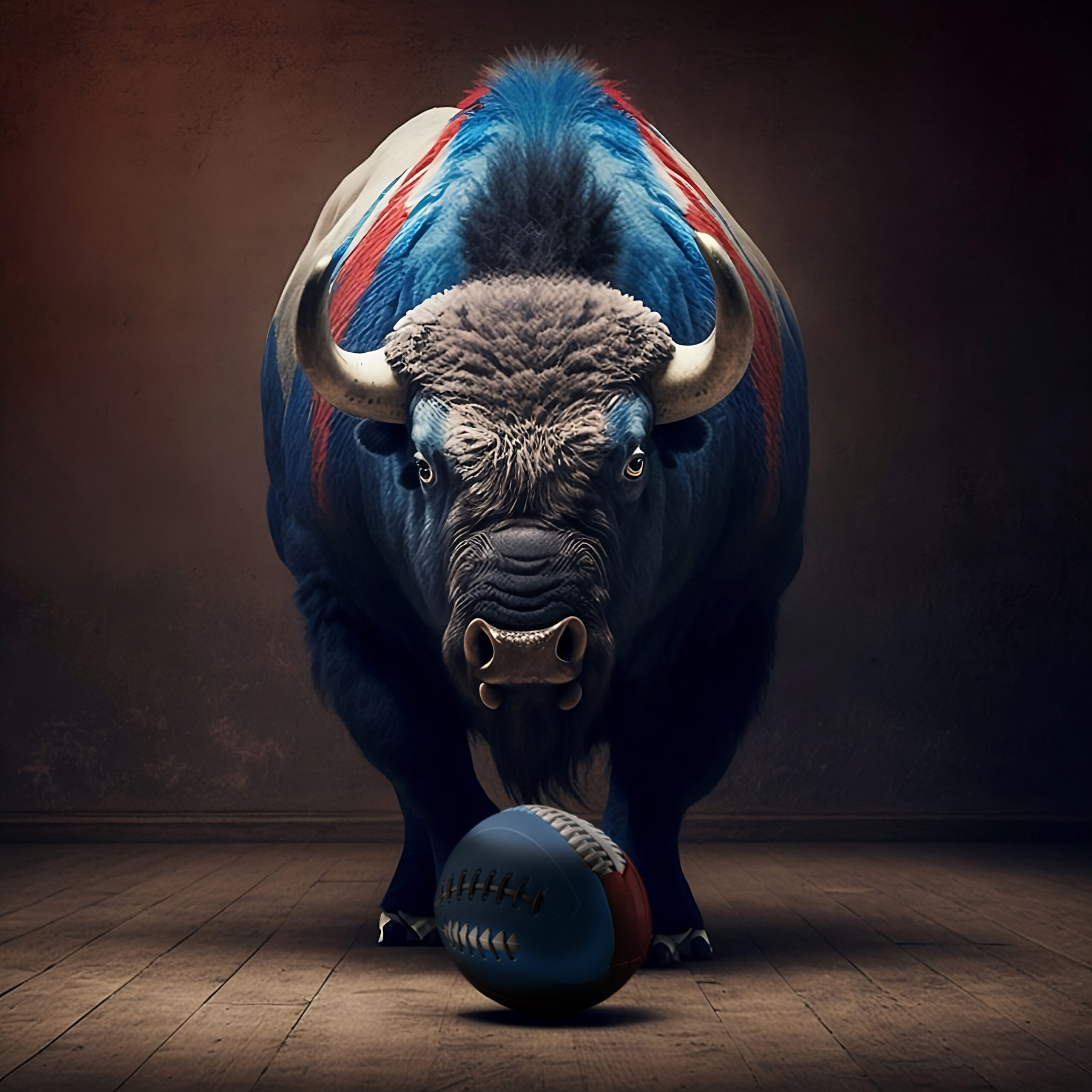 Buffalo Bills. Generative AI portrait illustration of buffalo with the colors blue and red in an closed room with a ball of american football in the front.